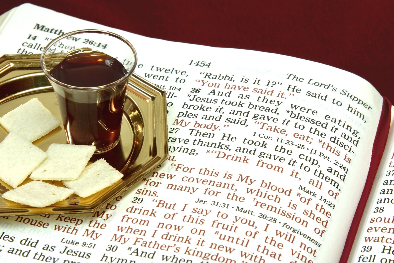 Bread and Wine sitting on scripture talking about the Lord's Supper
